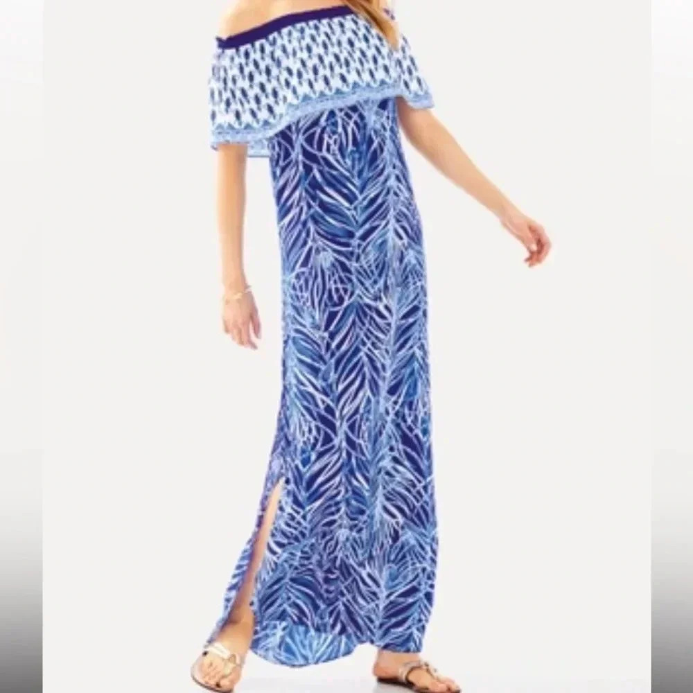 Lilly Pulitzer Alicia Off The Shoulder Maxi Dress Womens S Twilight Blue Parrot